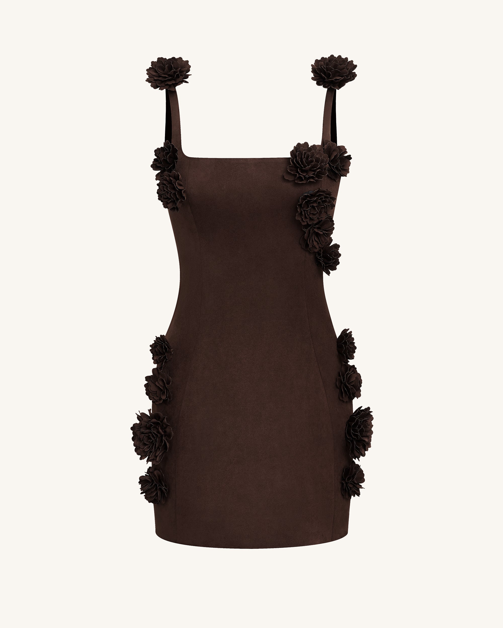 Elaina Rosette Applique Mini Dress - Chocolate Brown