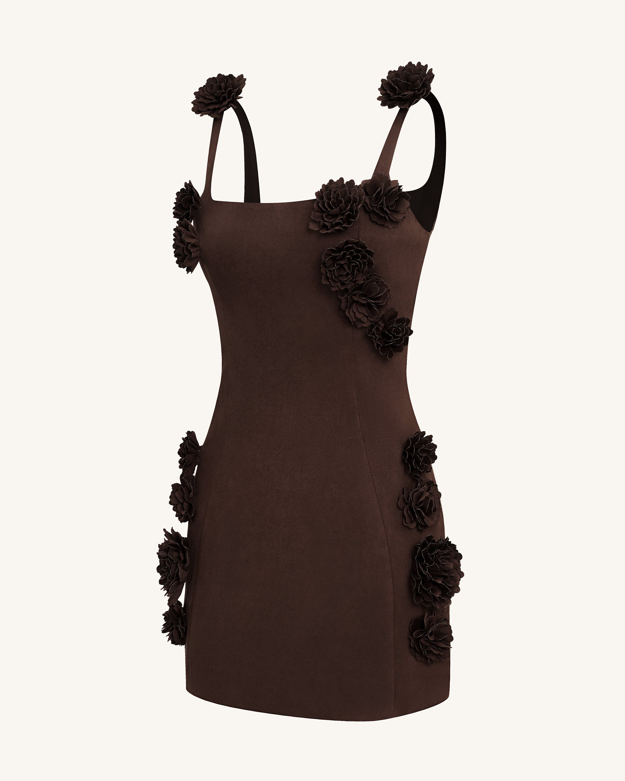Elaina Rosette Applique Mini Dress - Chocolate Brown