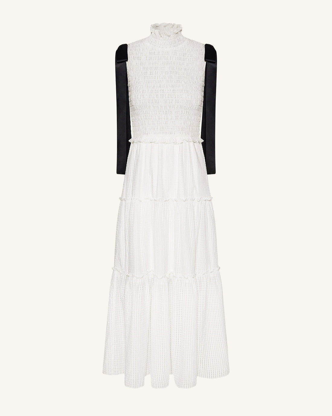 High-Neck Sleeveless Smocked Three-Tier Maxi Dress - White