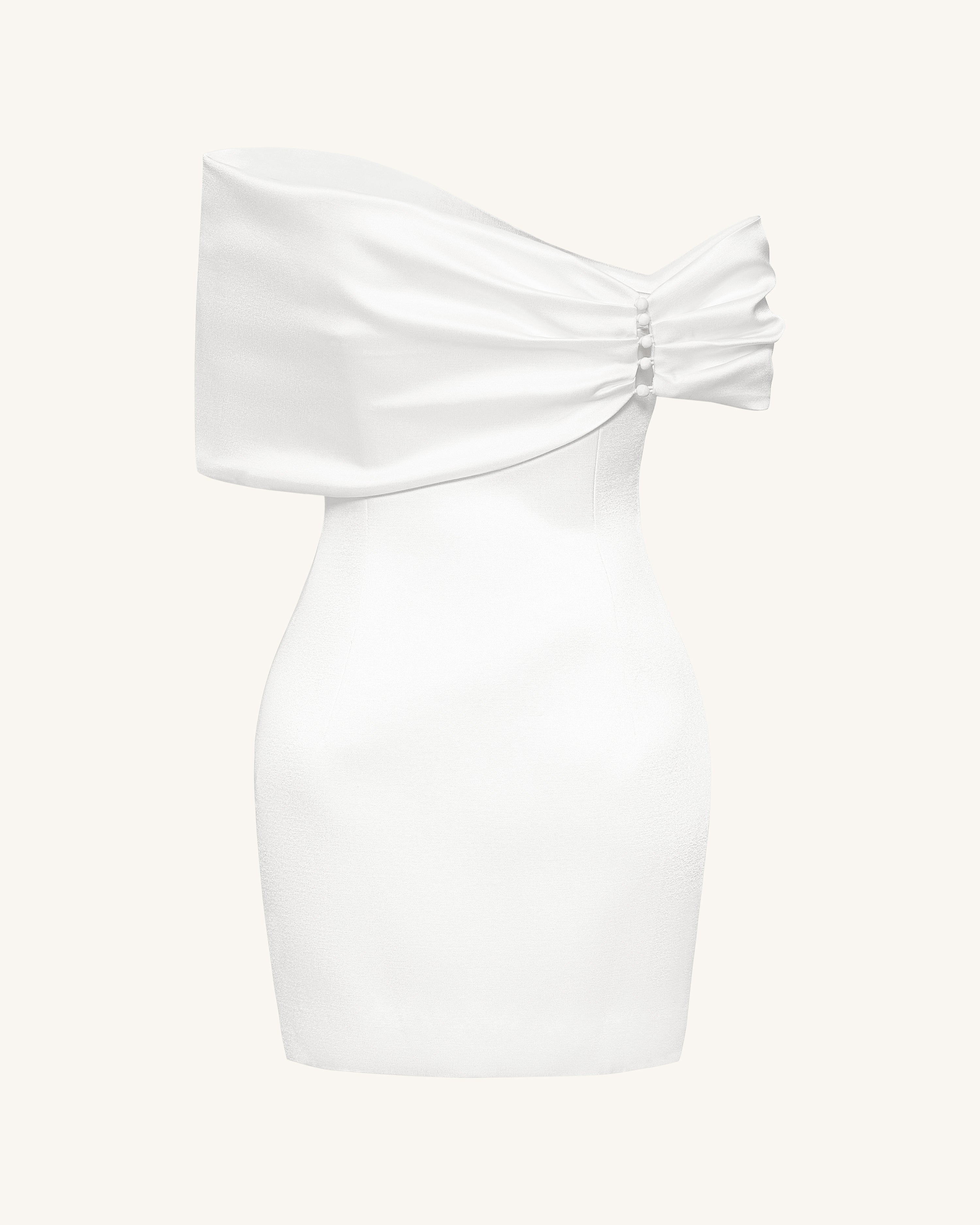 Satin Asymmetric Bow Mini Dress - White