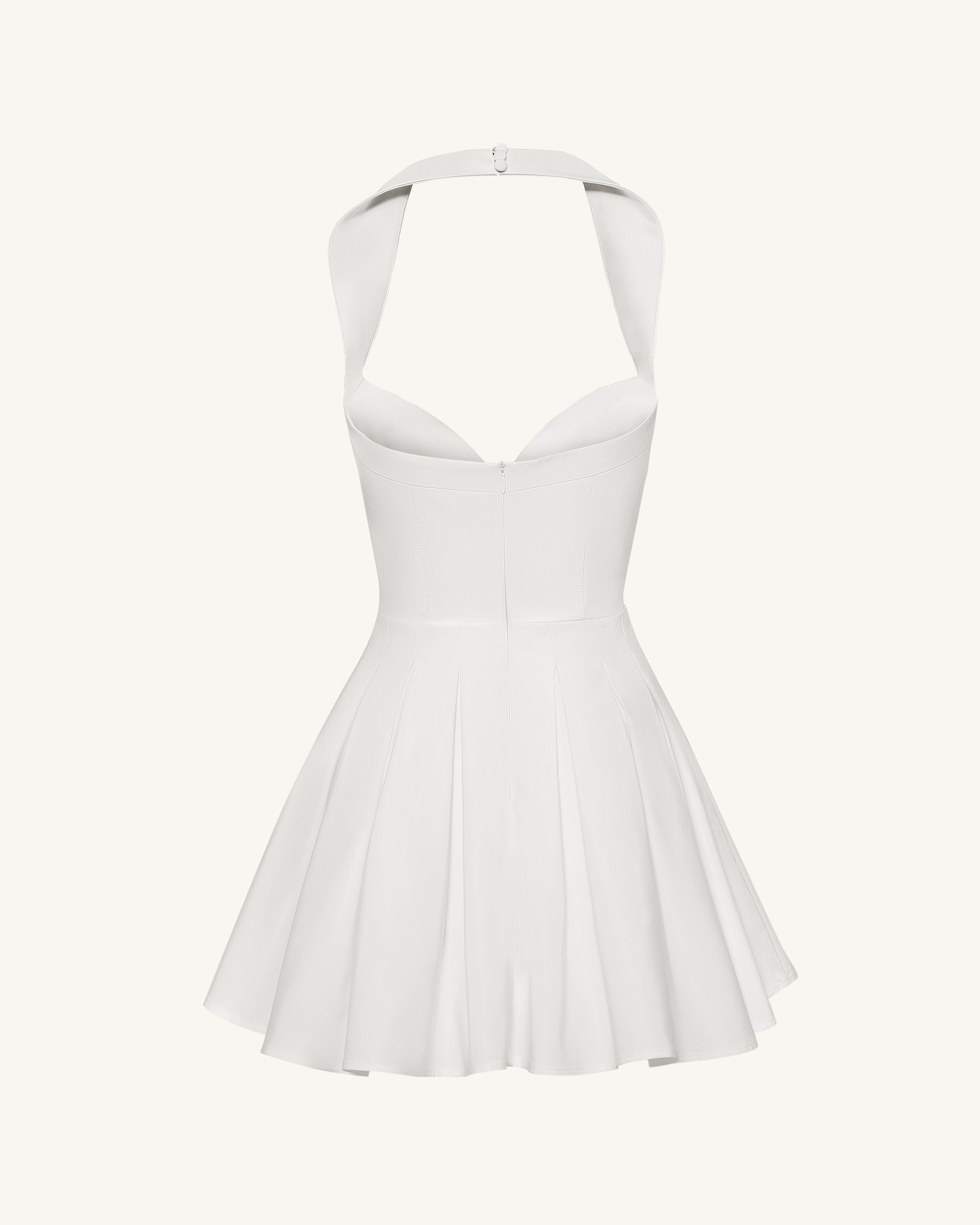 Pleated Bustier Halter Mini Dress - White