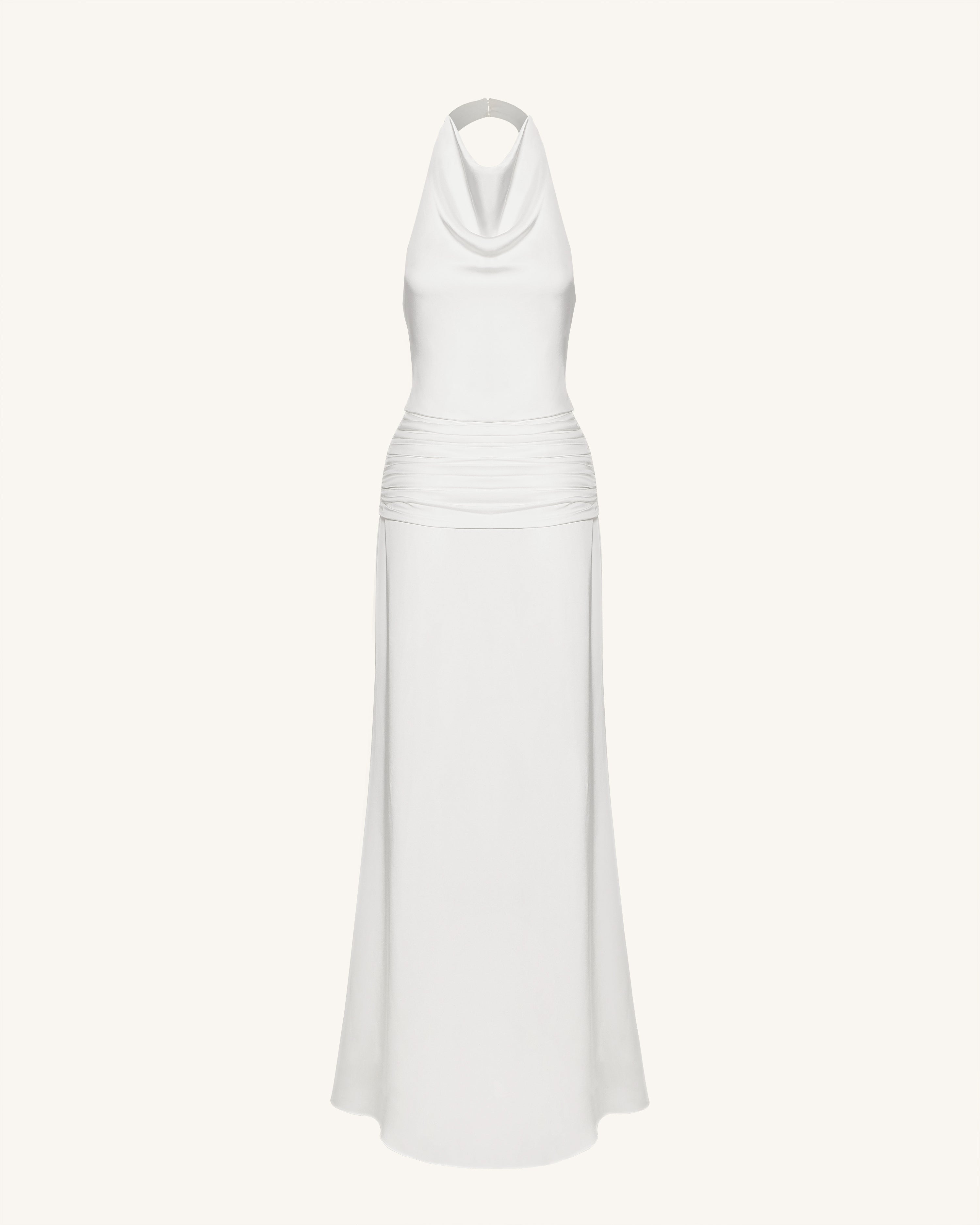 Satin Cowl Neck Ruched Maxi Gown - White