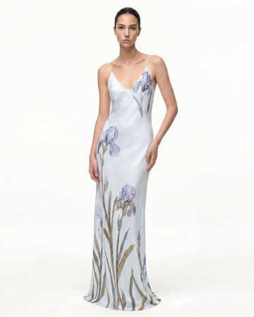 Iris Motif Satin Slip Gown - Light Blue