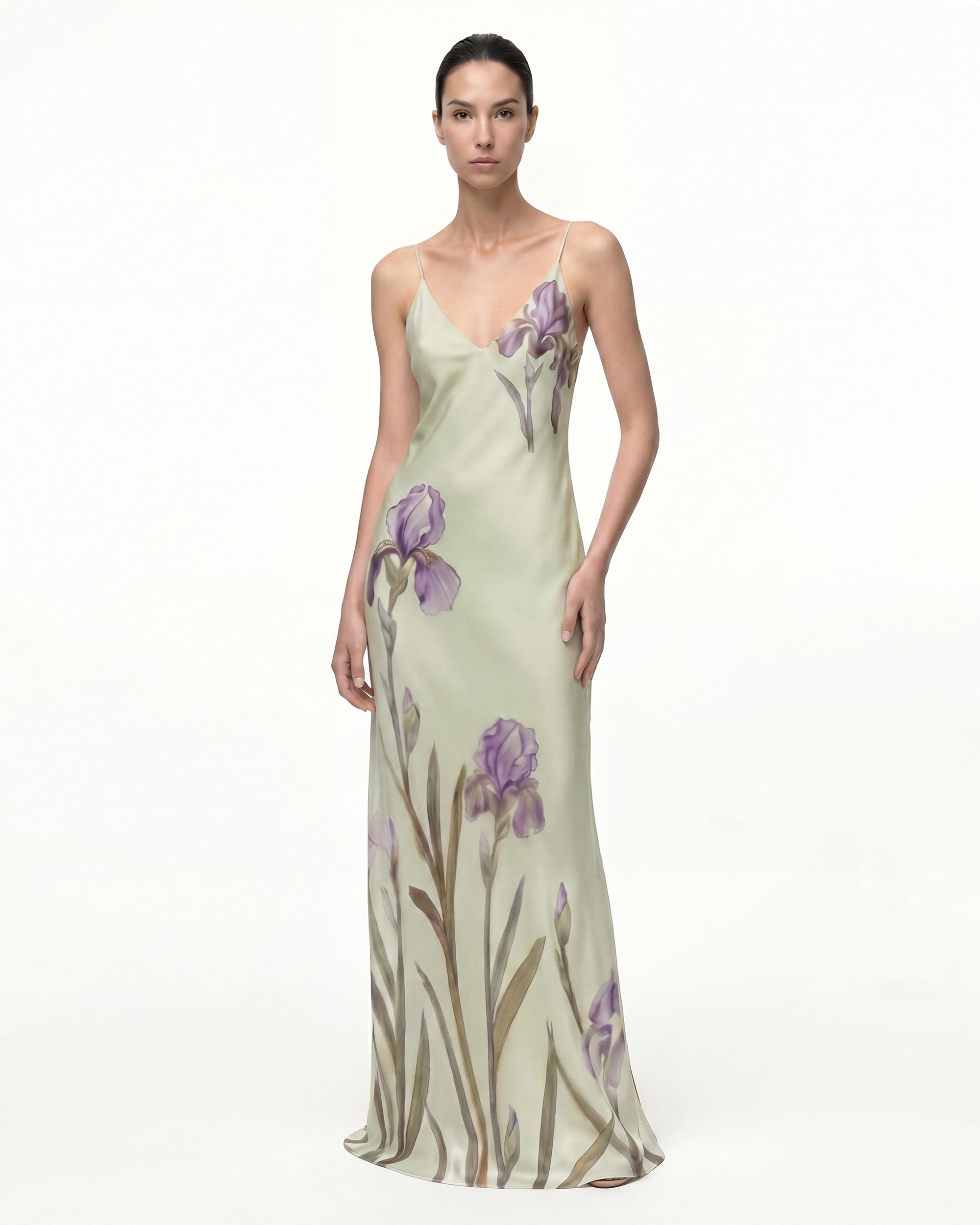 Iris Motif Satin Slip Gown - Light Green/Purple