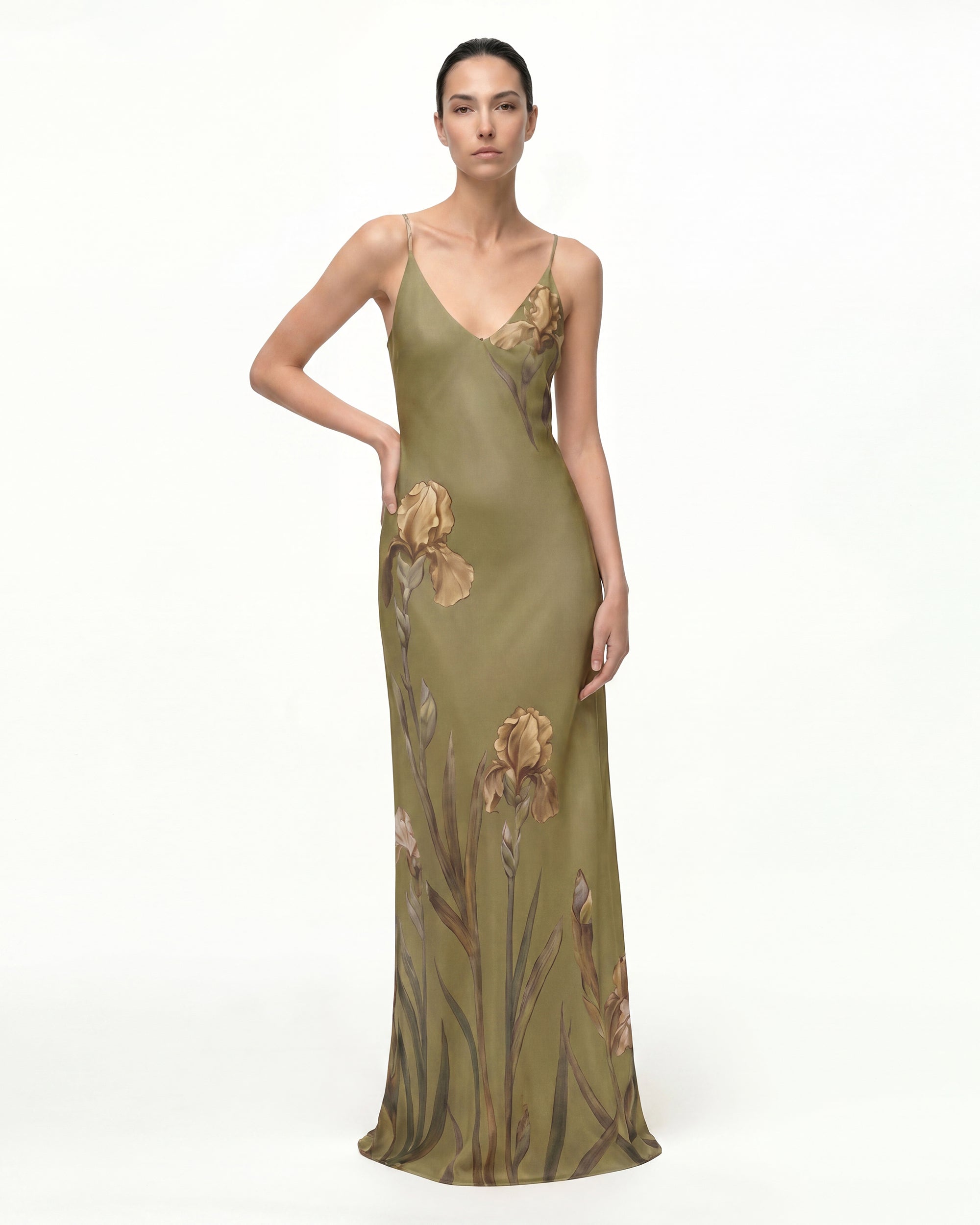 Iris Motif Satin Slip Gown - Olive Green