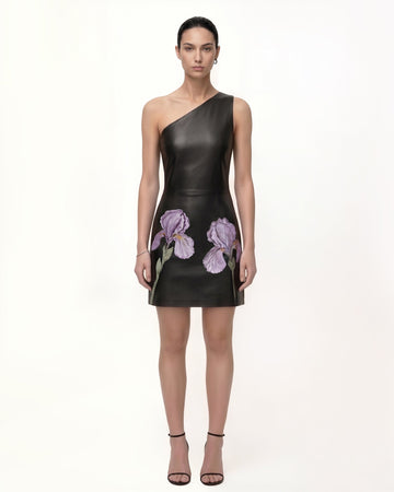 Iris Floral-Print One-Shoulder Leather Mini Dress - Black