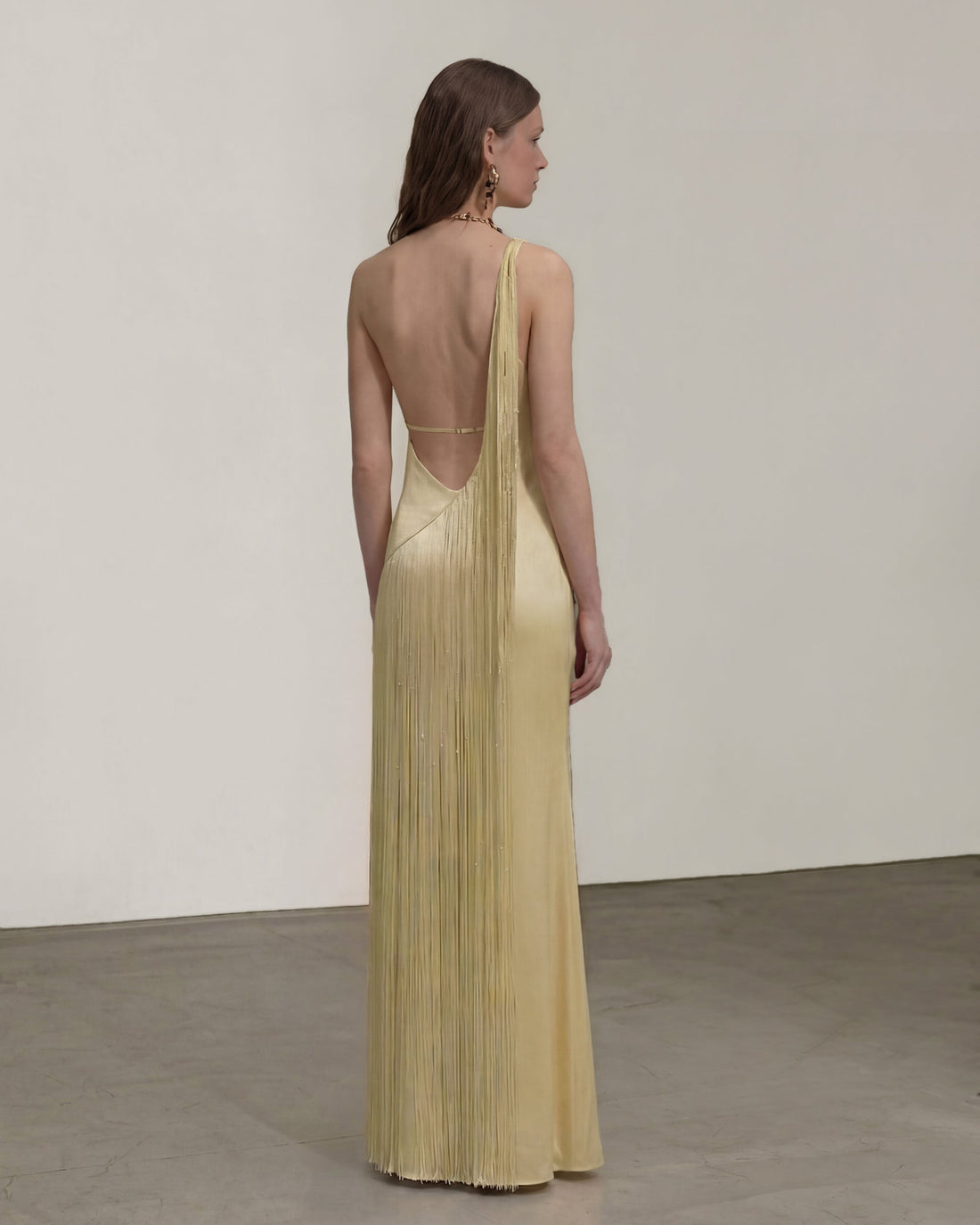 Fringe One Shoulder Maxi Dress - Champagne