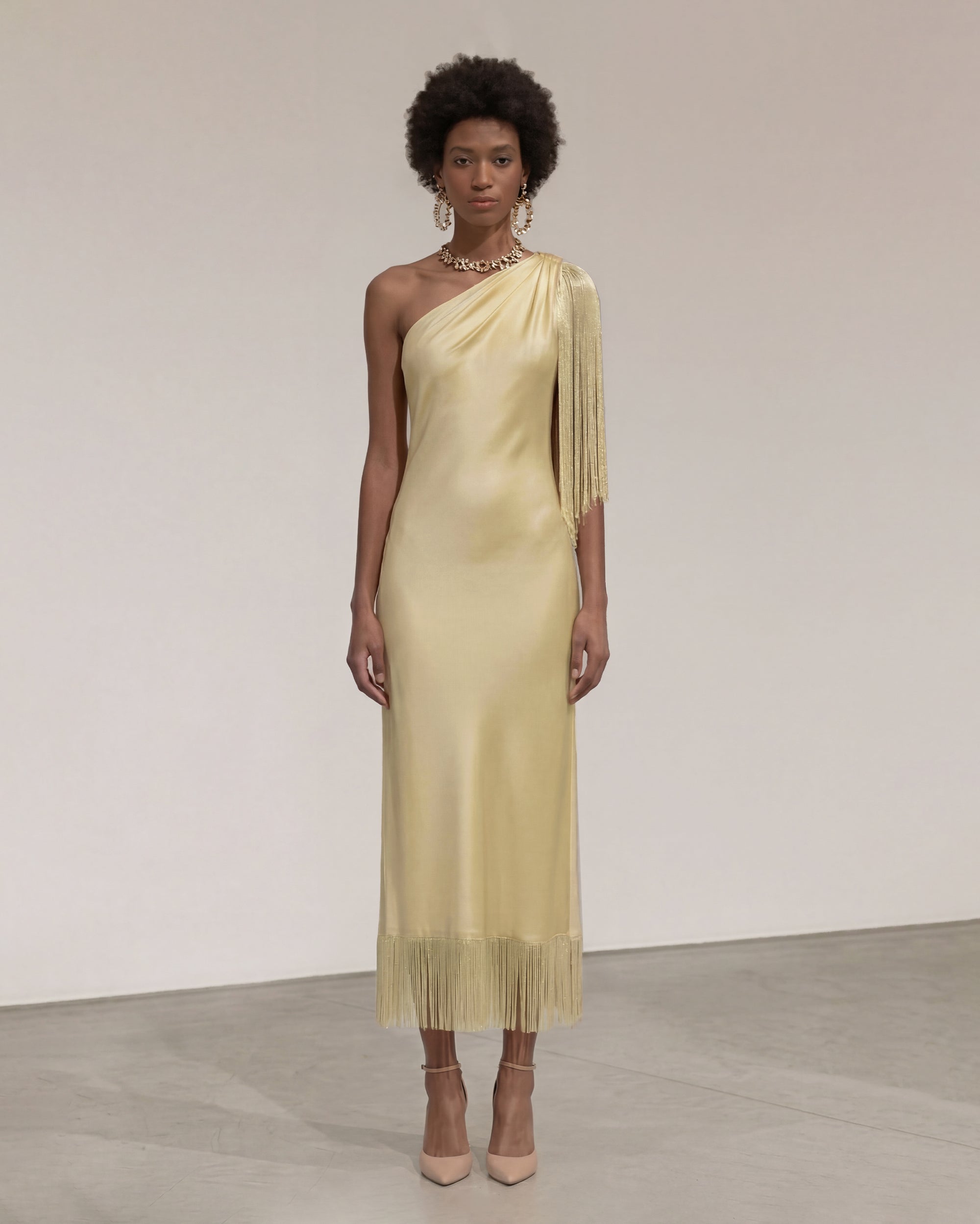 One Shoulder Fringe Midi Dress - Champagne