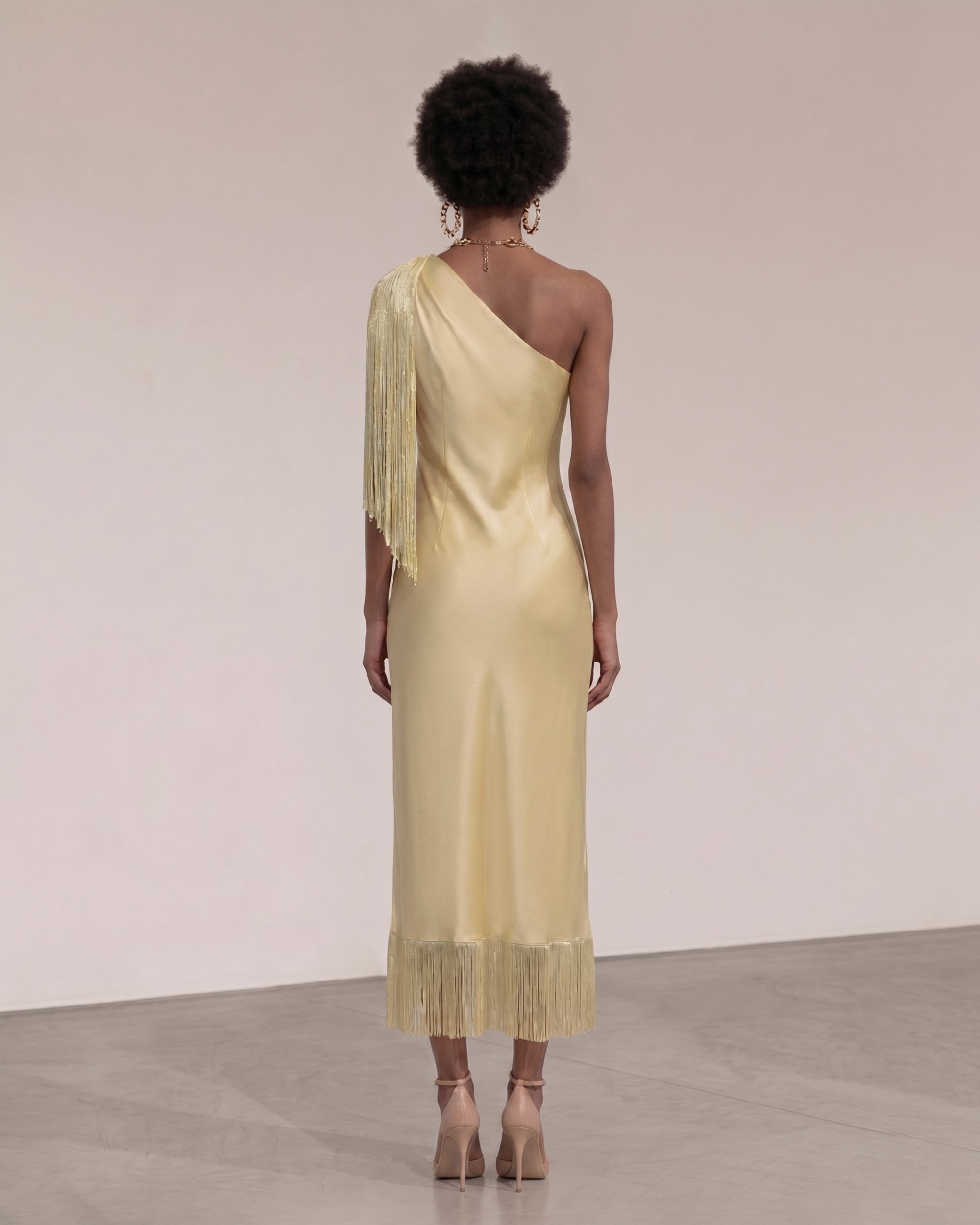 One Shoulder Fringe Midi Dress - Champagne