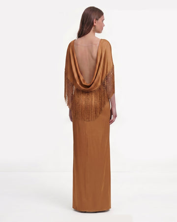 Fringe Cape Satin Maxi Dress - Caramel Brown