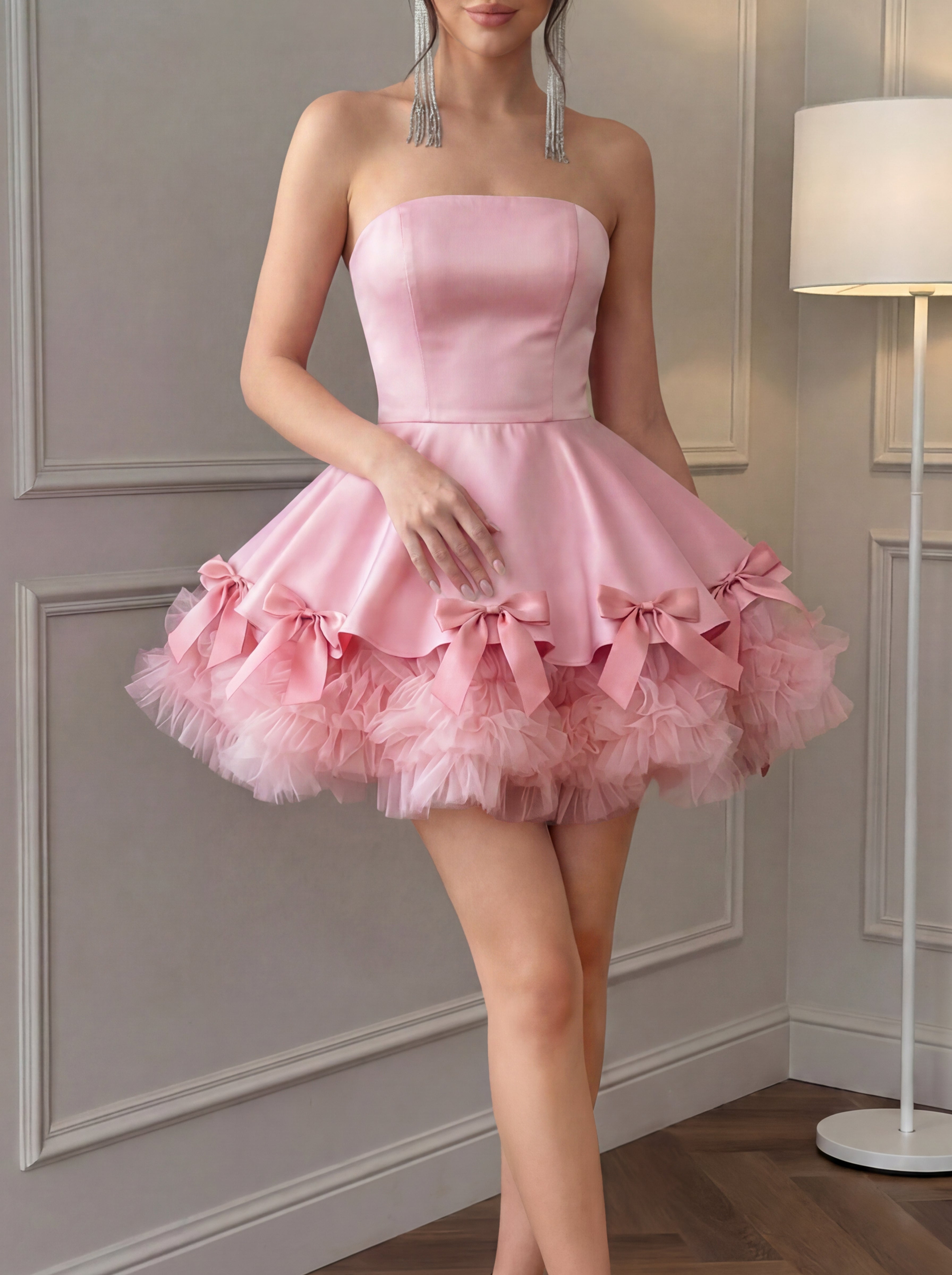 A-Line/Princess Homecoming Dresses Satin Strapless Sleeveless Short/Mini Party Dresses With Pleats/Bow/Back Zipper