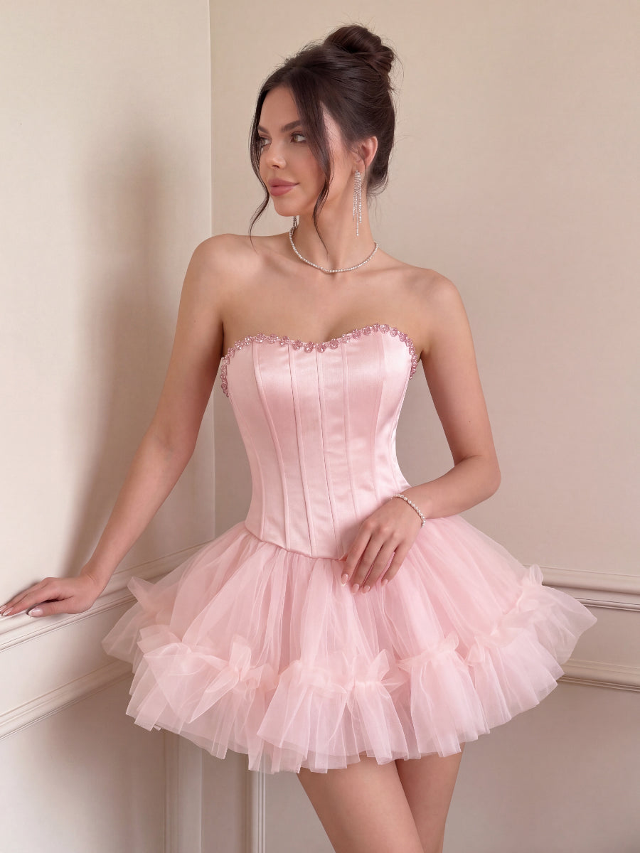 A-Line/Princess Homecoming Dresses Satin&Tulle Dresses Corset Sweetheart Sleeveless Short/Mini Dresses With Beads/Back Zipper