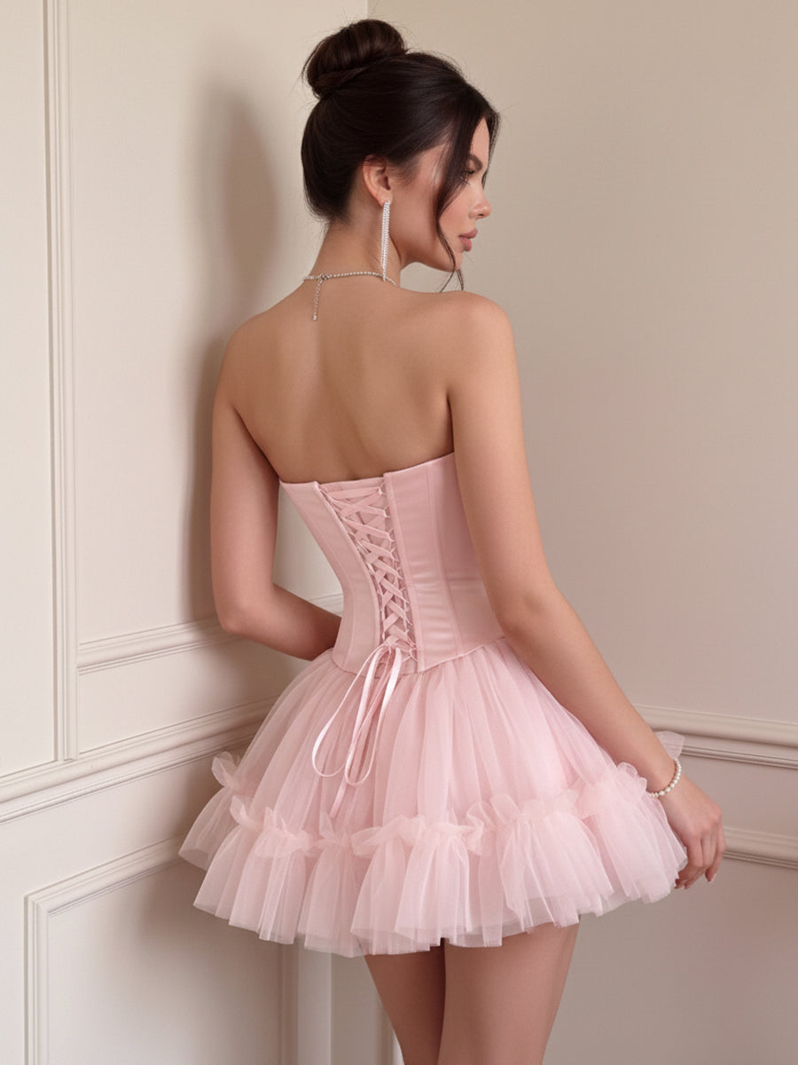 A-Line/Princess Homecoming Dresses Satin&Tulle Dresses Corset Sweetheart Sleeveless Short/Mini Dresses With Beads/Back Zipper