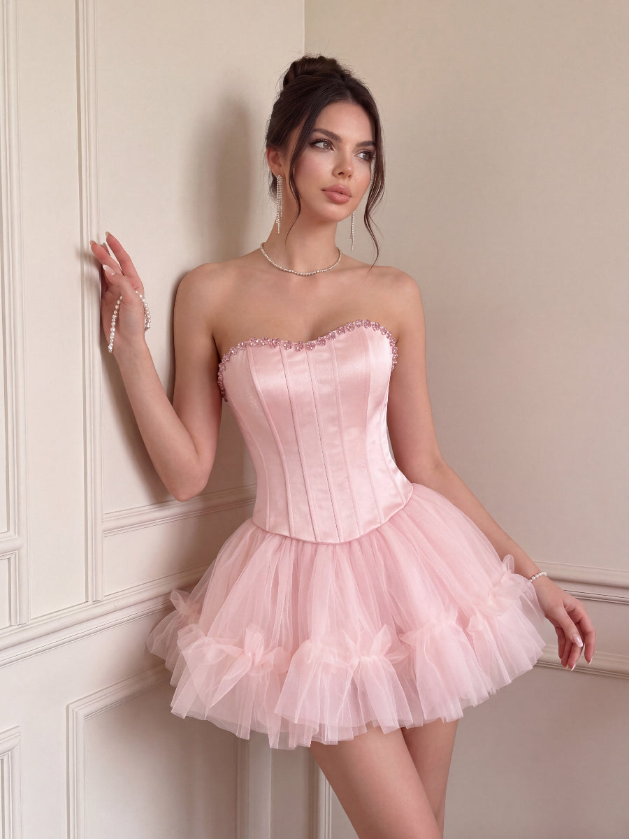 A-Line/Princess Homecoming Dresses Satin&Tulle Dresses Corset Sweetheart Sleeveless Short/Mini Dresses With Beads/Back Zipper