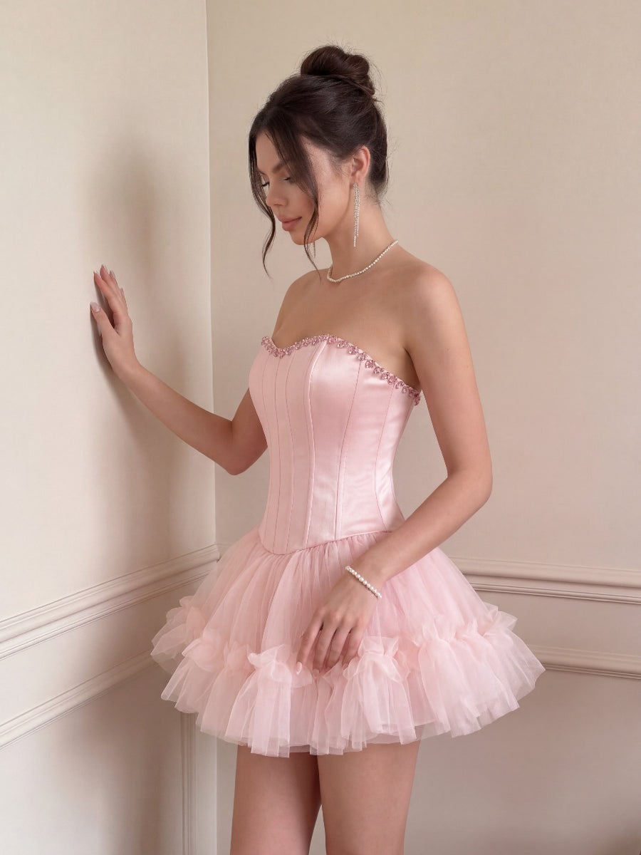A-Line/Princess Homecoming Dresses Satin&Tulle Dresses Corset Sweetheart Sleeveless Short/Mini Dresses With Beads/Back Zipper
