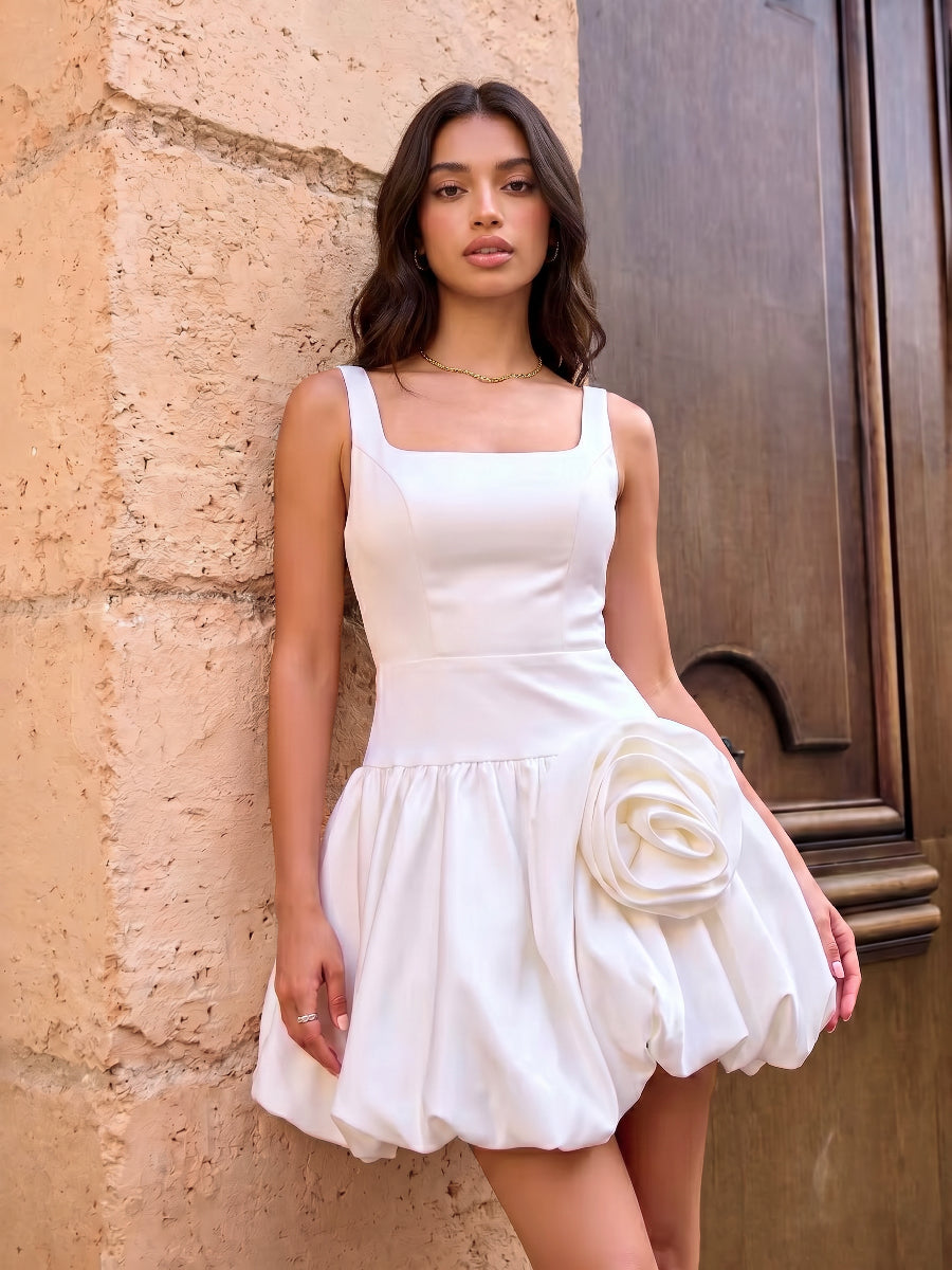 A-Line/Princess Homecoming Dresses Satin Square Neck Sleeveless Short/Mini Dresses/Little White Dresses With 3D Flower/Back Zipper
