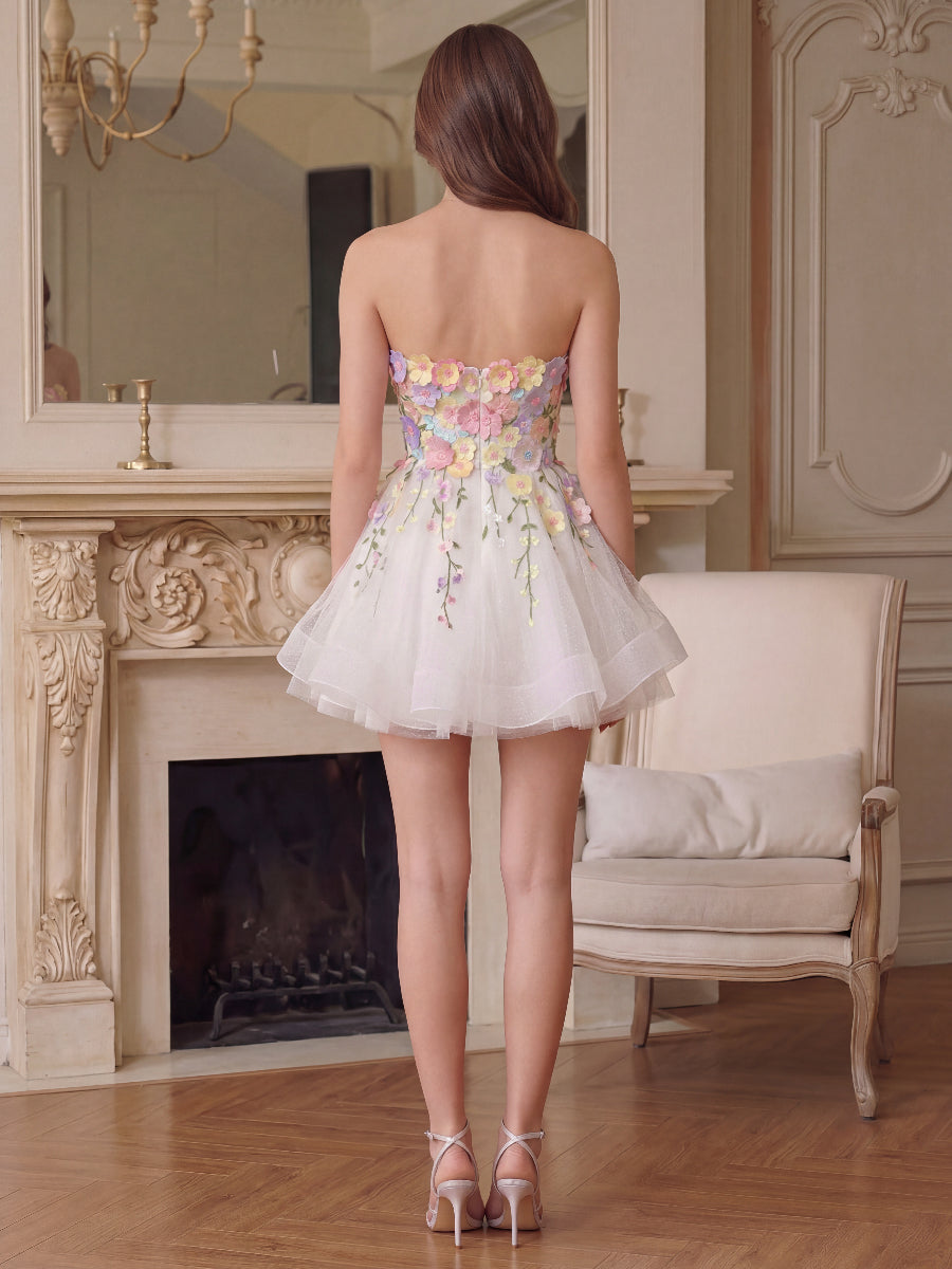 A-Line/Princess Homecoming Dresses Sweetheart Sleeveless Short/Mini Tulle Dresses With Floral Appliques/Back Zipper