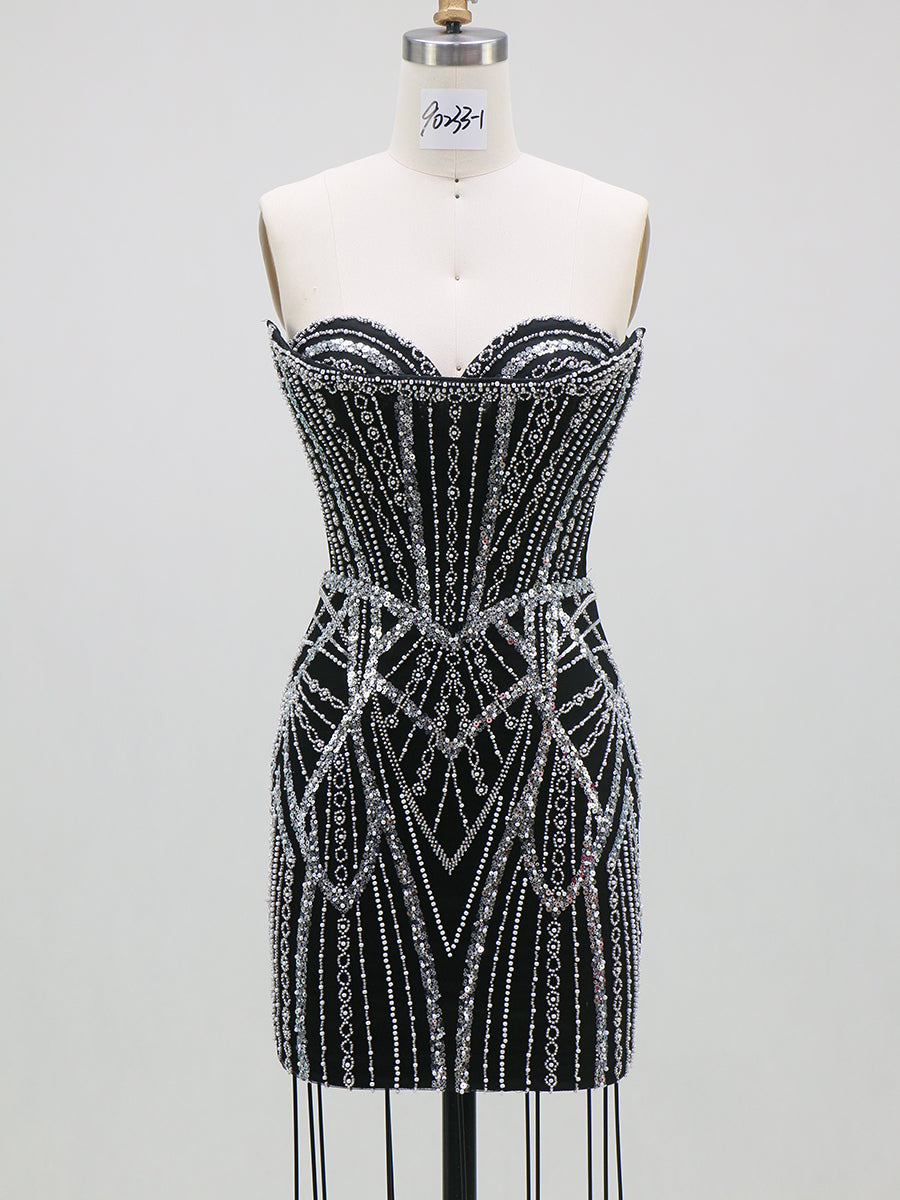 Sheath/Column Homecoming Dresses Sequin Dresses Sweetheart Sleeveless Short/Mini With Beads/Back Lace-Up