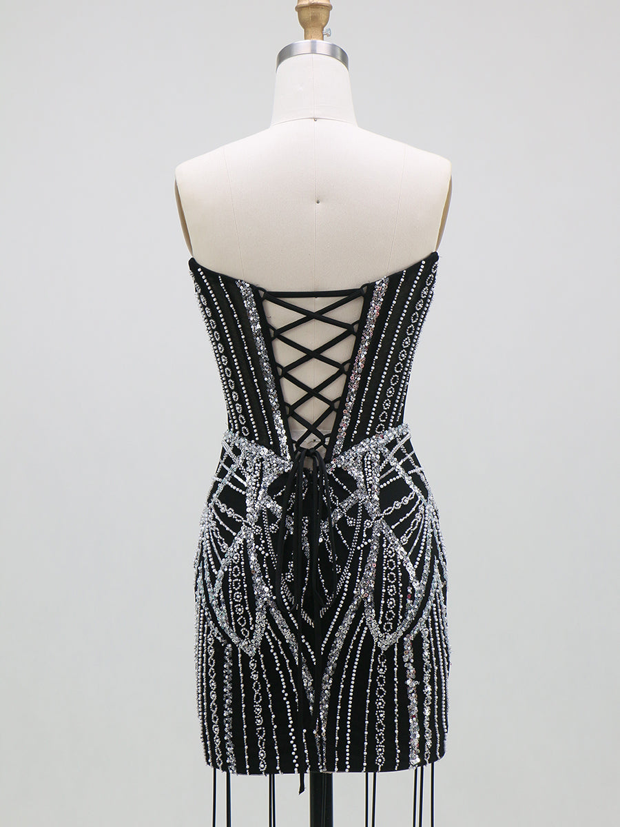 Sheath/Column Homecoming Dresses Sequin Dresses Sweetheart Sleeveless Short/Mini With Beads/Back Lace-Up