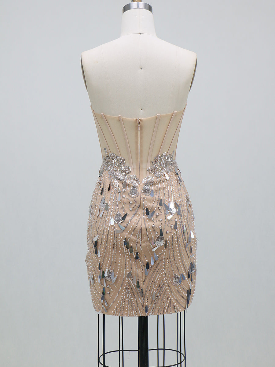 Sheath/Column Homecoming Dresses Sequin Dresses Corset Strapless Sleeveless Short/Mini With Beads/Back Zipper