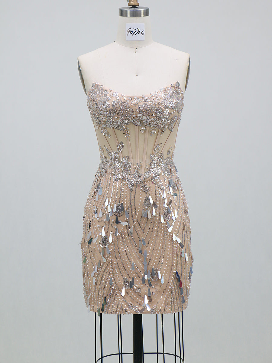 Sheath/Column Homecoming Dresses Sequin Dresses Corset Strapless Sleeveless Short/Mini With Beads/Back Zipper