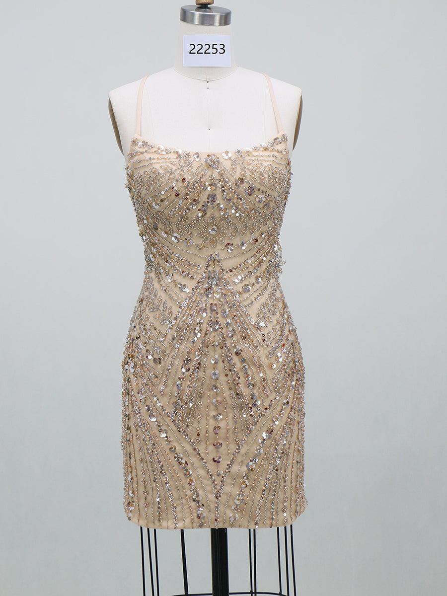 Sheath/Column Homecoming Dresses Sequin Dresses Spaghetti Straps Sleeveless Short/Mini With Back Criss Cross Straps