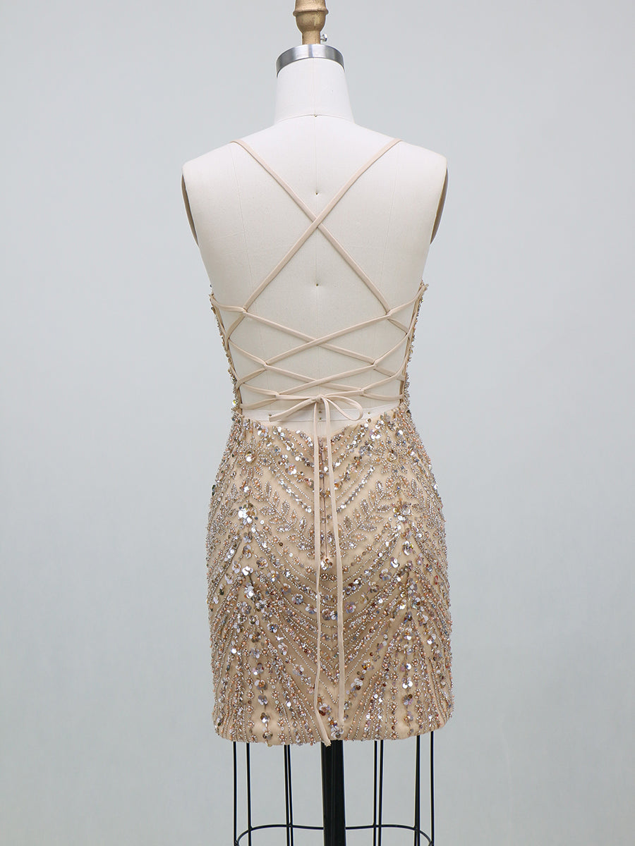 Sheath/Column Homecoming Dresses Sequin Dresses Spaghetti Straps Sleeveless Short/Mini With Back Criss Cross Straps