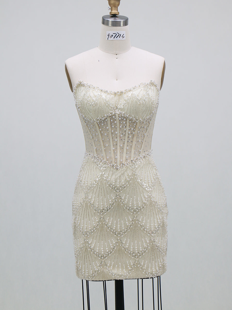 Sheath/Column Homecoming Dresses Corset Strapless Sleeveless Short/Mini Sequin Dresses With Beads/Back Zipper