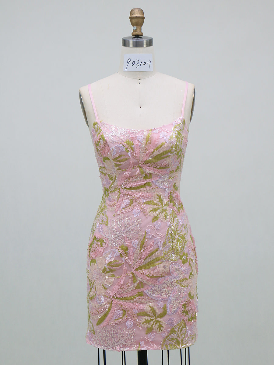 Sheath/Column Homecoming Dresses Sequin Dresses Spaghetti Straps Sleeveless Short/Mini Floral Dresses With Back Zipper