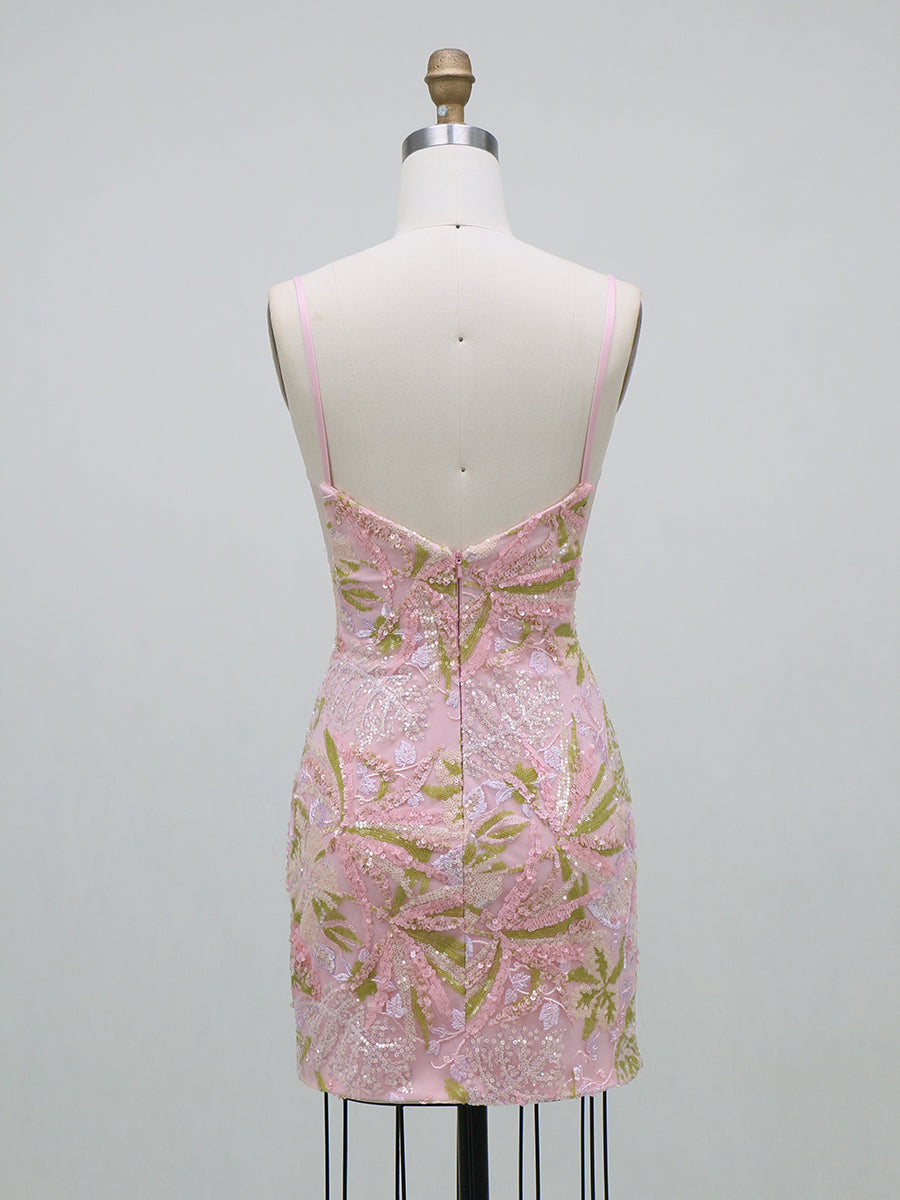 Sheath/Column Homecoming Dresses Sequin Dresses Spaghetti Straps Sleeveless Short/Mini Floral Dresses With Back Zipper
