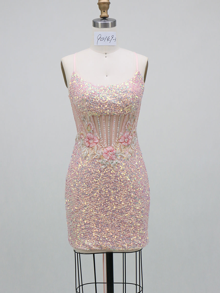 Sheath/Column Homecoming Dresses Sequin Dresses Corset Spaghetti Straps Sleeveless Short/Mini With Back Lace-Up
