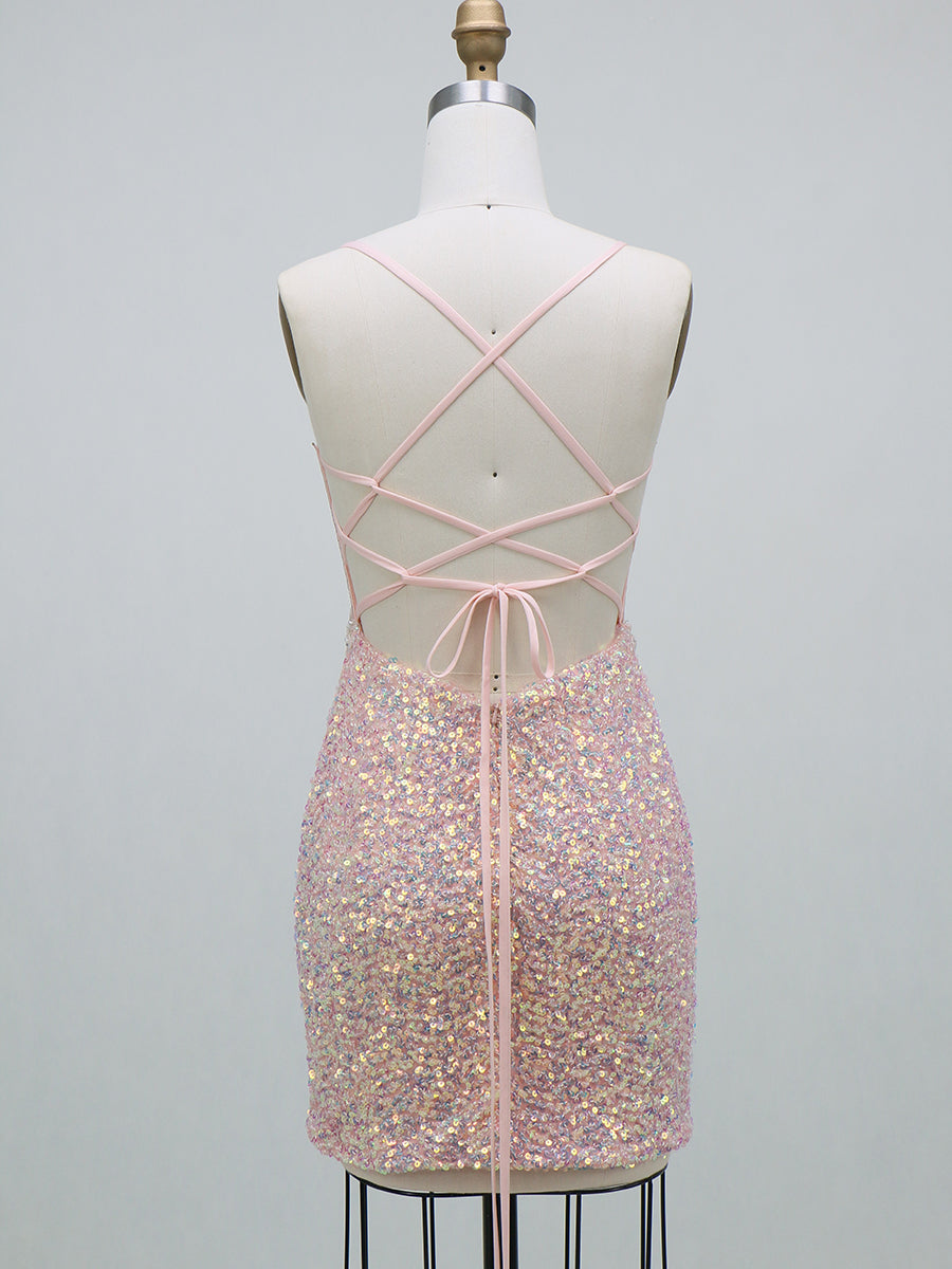 Sheath/Column Homecoming Dresses Sequin Dresses Corset Spaghetti Straps Sleeveless Short/Mini With Back Lace-Up