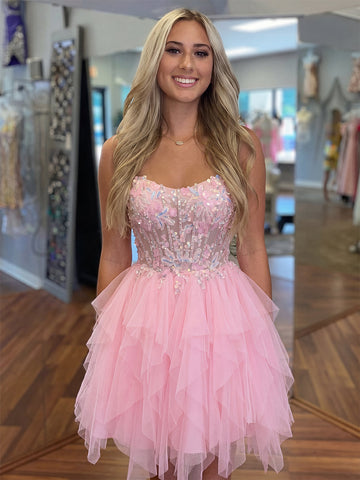 A-Line/Princess Homecoming Dresses Corset Strapless Sleeveless Short/Mini Tulle Dresses With Sequin/Back Lace-Up