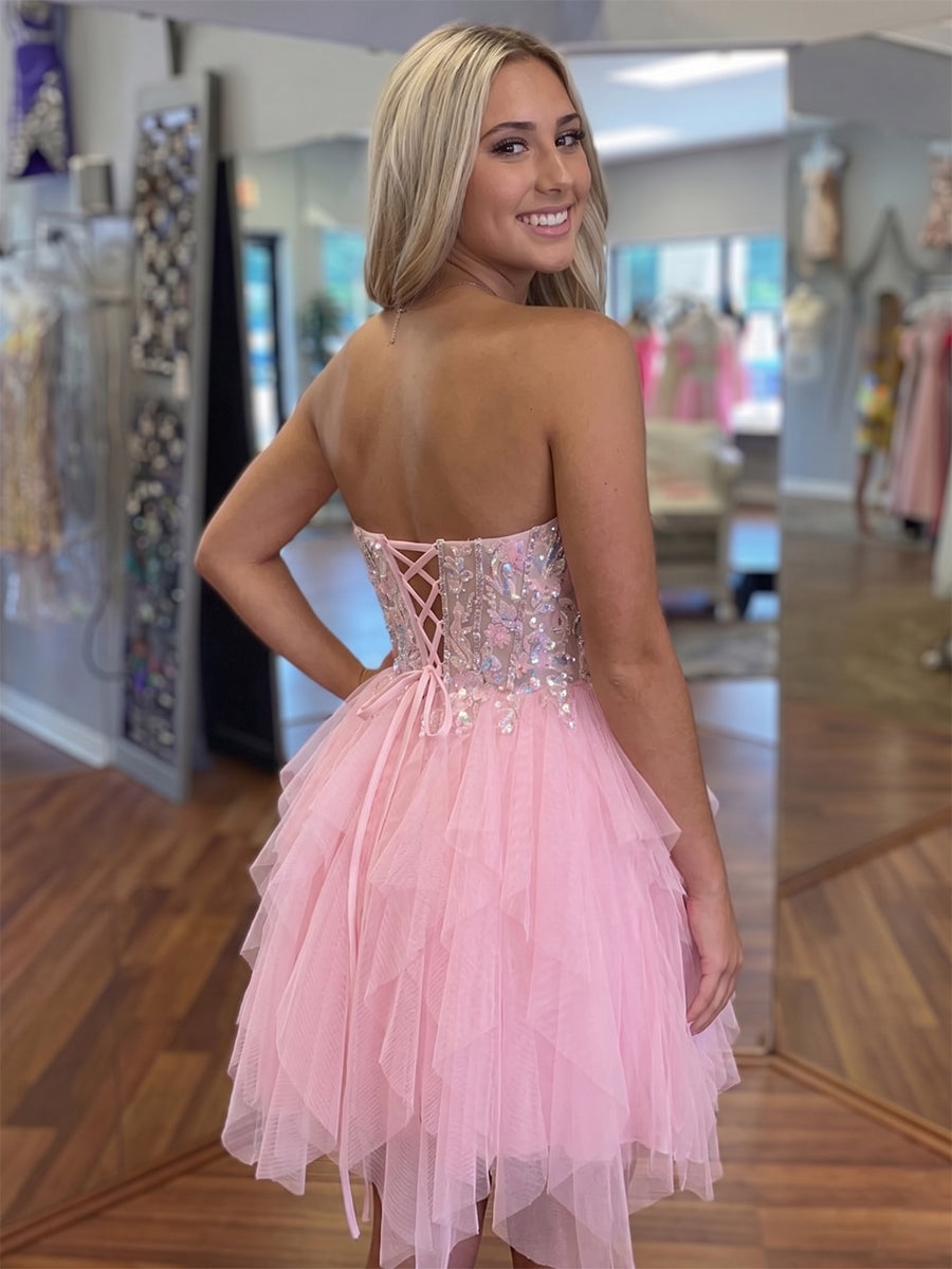 A-Line/Princess Homecoming Dresses Corset Strapless Sleeveless Short/Mini Tulle Dresses With Sequin/Back Lace-Up