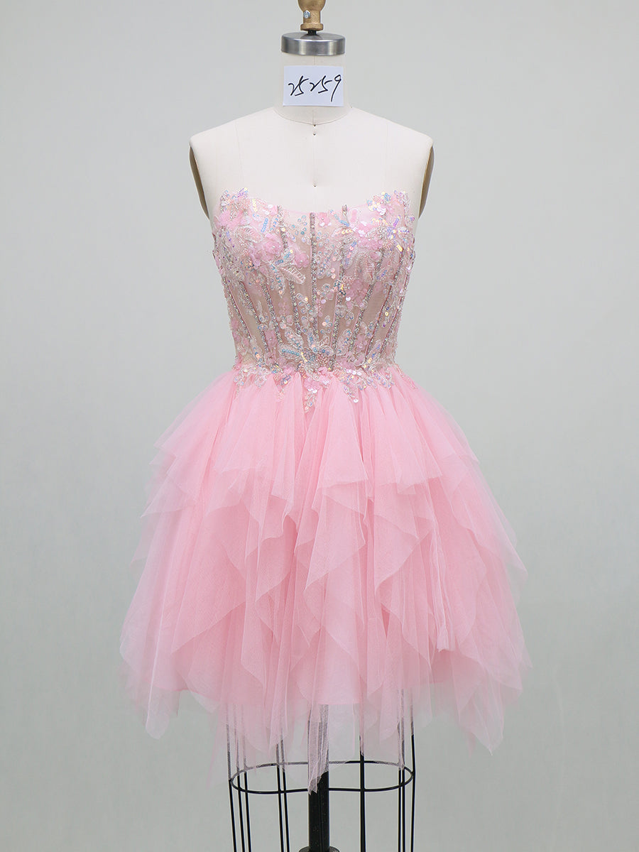 A-Line/Princess Homecoming Dresses Corset Strapless Sleeveless Short/Mini Tulle Dresses With Sequin/Back Lace-Up