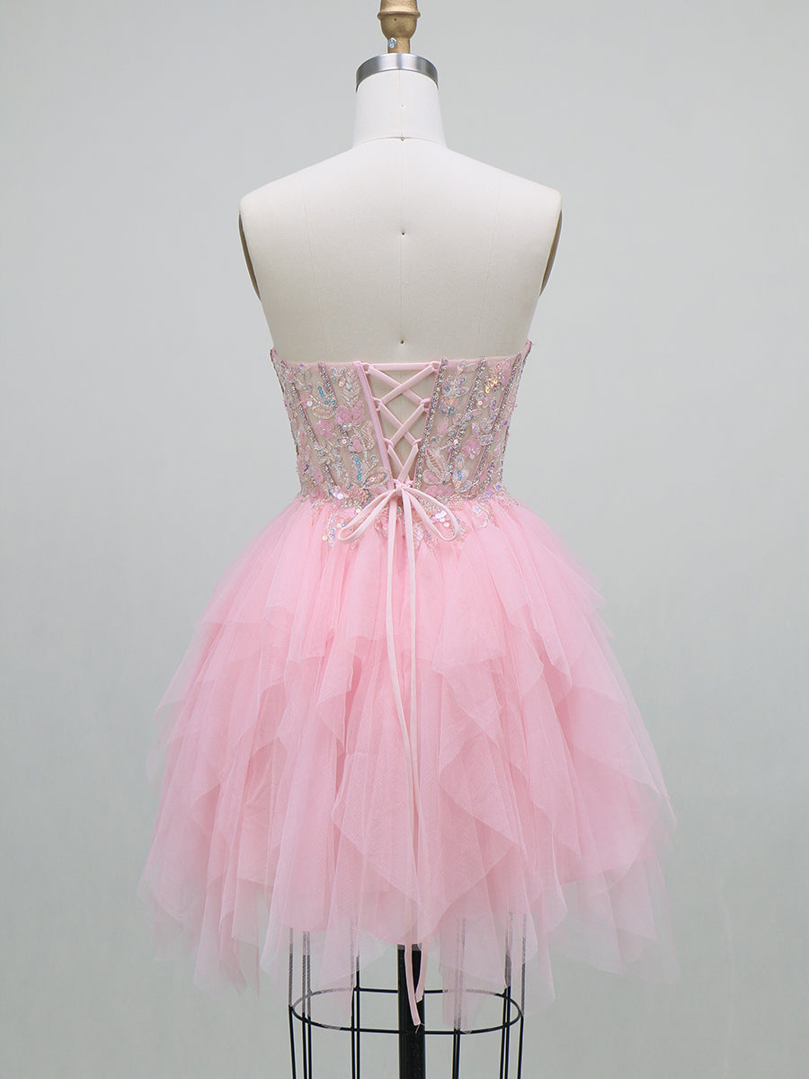 A-Line/Princess Homecoming Dresses Corset Strapless Sleeveless Short/Mini Tulle Dresses With Sequin/Back Lace-Up