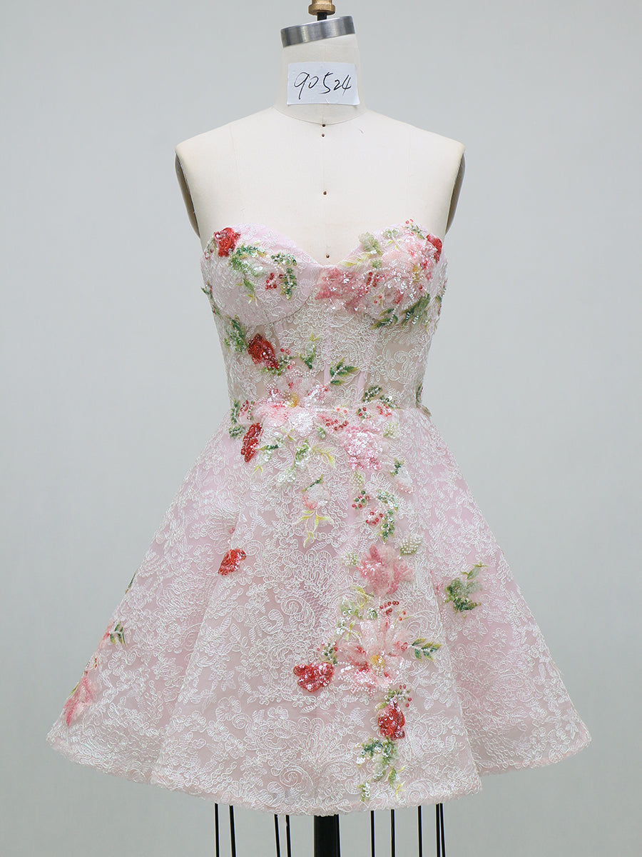 A-Line/Princess Homecoming Dresses Corset Sweetheart Sleeveless Short/Mini Lace Dresses With Sequin Floral Appliques/Back Zipper