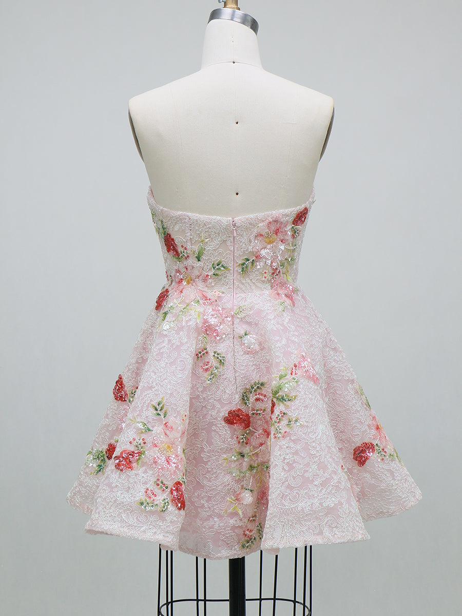 A-Line/Princess Homecoming Dresses Corset Sweetheart Sleeveless Short/Mini Lace Dresses With Sequin Floral Appliques/Back Zipper