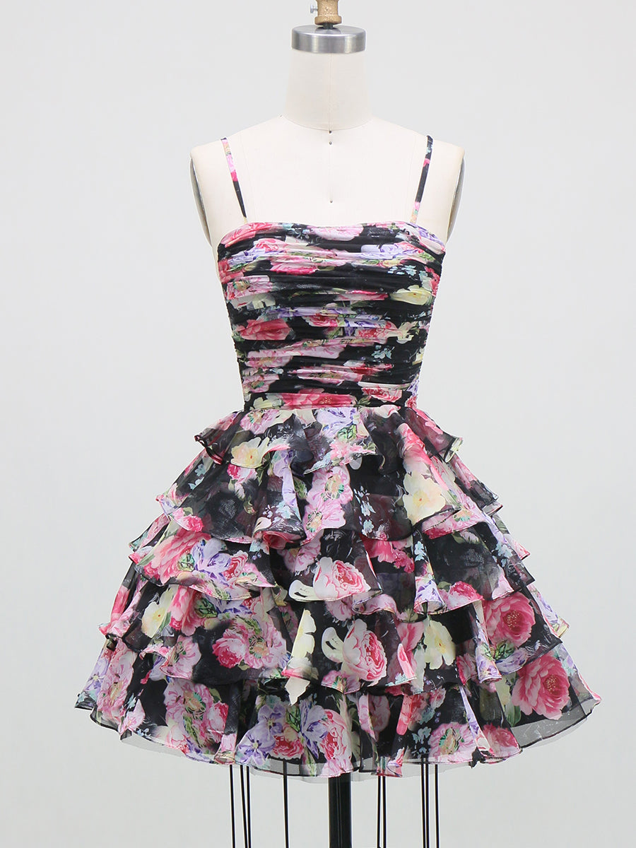 A-Line/Princess Homecoming Dresses Chiffon Spaghetti Straps Sleeveless Short/Mini Floral Printed Dresses With Ruffles/Back Zipper