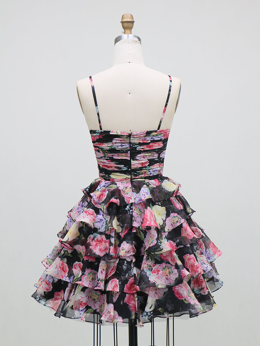 A-Line/Princess Homecoming Dresses Chiffon Spaghetti Straps Sleeveless Short/Mini Floral Printed Dresses With Ruffles/Back Zipper