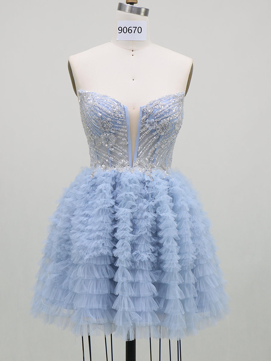 A-Line/Princess Homecoming Dresses Corset V-Neck Sleeveless Short/Mini Tulle Dresses With Sequin/Ruffles/Back Zipper