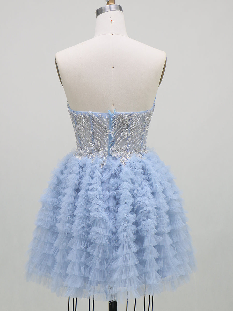A-Line/Princess Homecoming Dresses Corset V-Neck Sleeveless Short/Mini Tulle Dresses With Sequin/Ruffles/Back Zipper