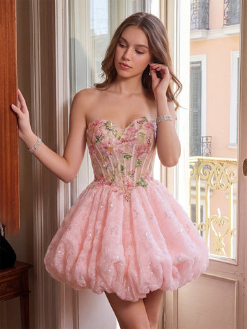 A-Line/Princess Homecoming Dresses Corset Sweetheart Sleeveless Short/Mini Sequin Dresses With Sequin Floral Appliques/Back Lace-Up