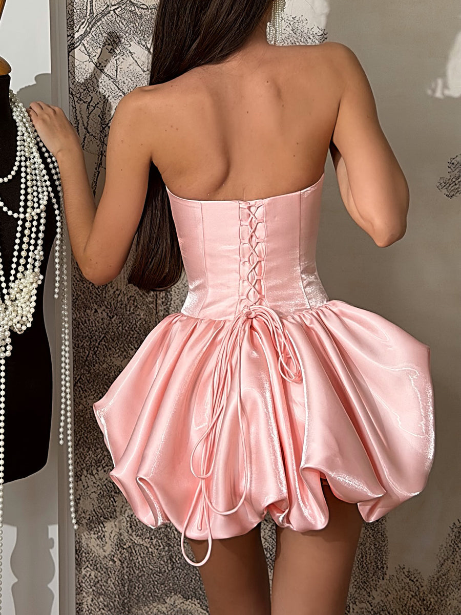 A-Line/Princess Homecoming Dresses Satin Corset V-Neck Sleeveless Short/Mini Dresses With Pleats/Back Lace-Up