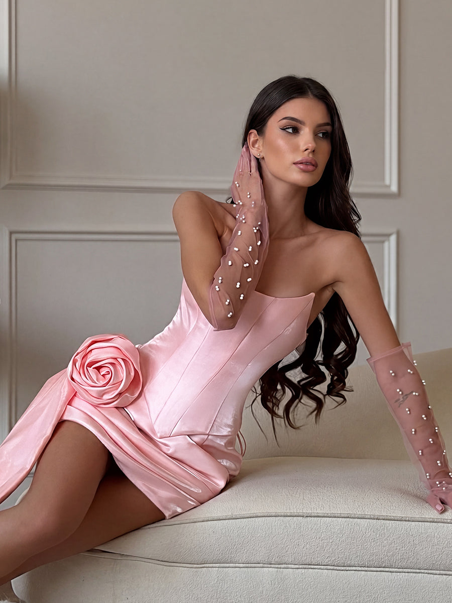 Sheath/Column Homecoming Dresses Satin Corset Strapless Sleeveless Short/Mini Dresses With 3D Flower/Back Zipper