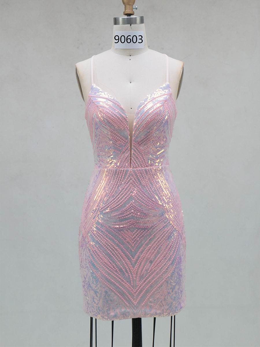 Sheath/Column Homecoming Dresses Sequin Dresses Spaghetti Straps&V-Neck Sleeveless Short/Mini With Back Criss Cross Straps