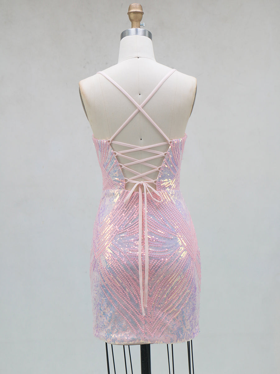 Sheath/Column Homecoming Dresses Sequin Dresses Spaghetti Straps&V-Neck Sleeveless Short/Mini With Back Criss Cross Straps