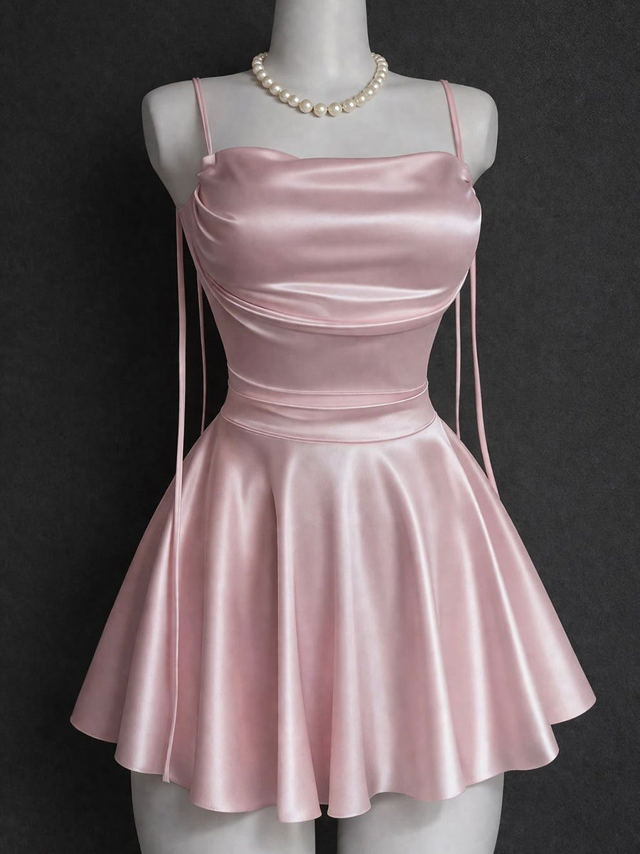 A-Line/Princess Homecoming Dresses Satin Spaghetti Straps Sleeveless Short/Mini Dresses With Pleats/Back Lace-Up