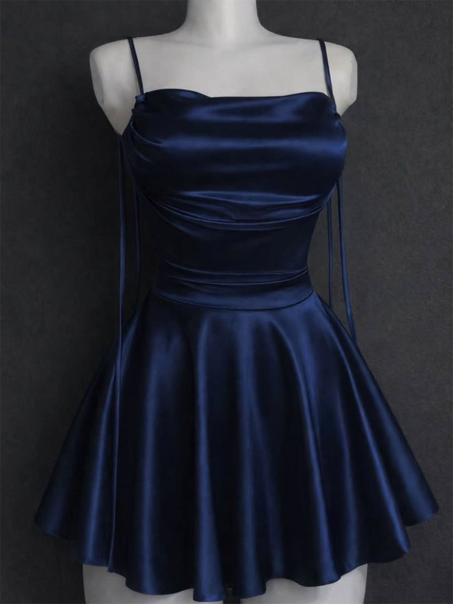 A-Line/Princess Homecoming Dresses Satin Spaghetti Straps Sleeveless Short/Mini Dresses With Pleats/Back Lace-Up