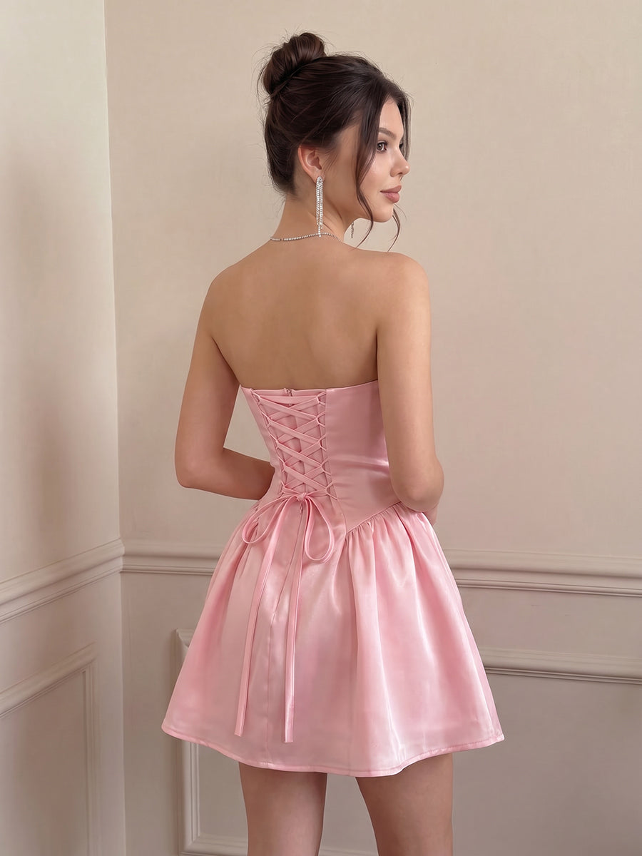 A-Line/Princess Homecoming Dresses Satin Sweetheart Sleeveless Short/Mini Dresses With Pleats/Back Lace-Up